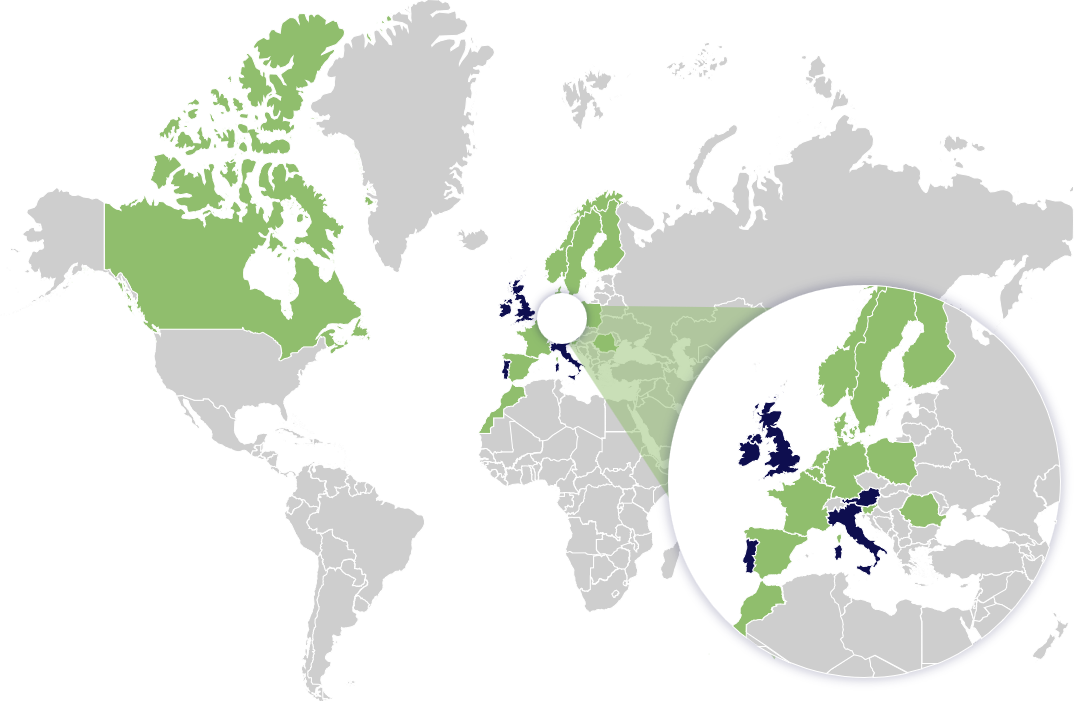 Carte des pays couverts par le réseau de partenaires internationaux de F.initiatives